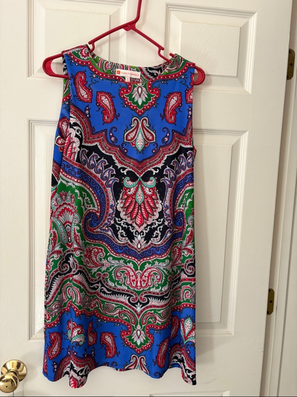 Jude Connally Blue Paisley Sleeveless Mini Dress with Red & Green Accents